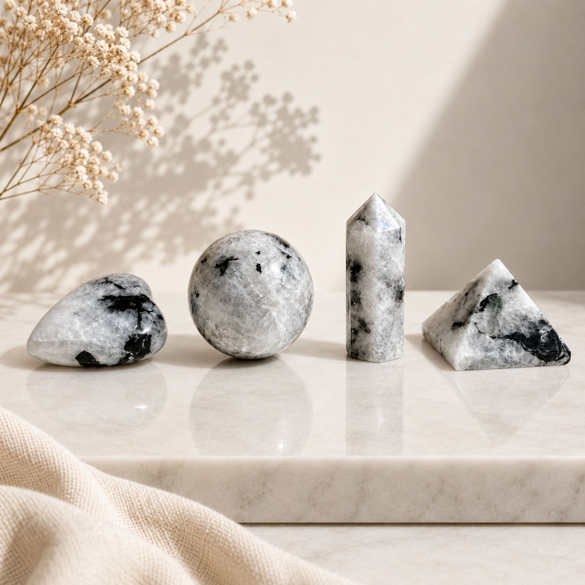 Rainbow Moonstone Crystal Set – Heart, Sphere, Obelisk & Pyramid