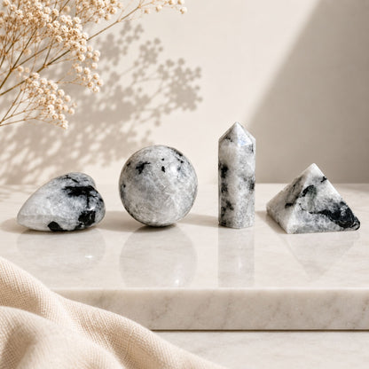 Rainbow Moonstone Crystal Set – Heart, Sphere, Obelisk & Pyramid