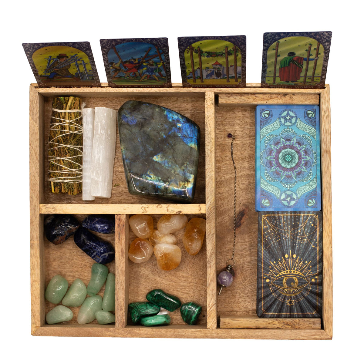 Mango Wood Tarot Storage Box with Card Holder – Four Sections