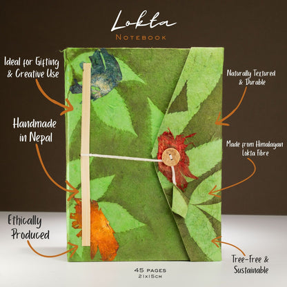 Large Moss Green Lokta Paper Journal – Floral Handmade Notebook