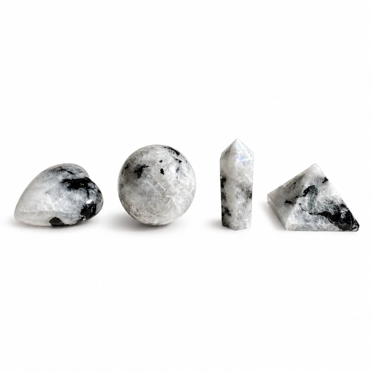 Rainbow Moonstone Crystal Set – Heart, Sphere, Obelisk & Pyramid