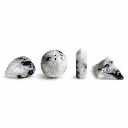 Rainbow Moonstone Crystal Set – Heart, Sphere, Obelisk & Pyramid
