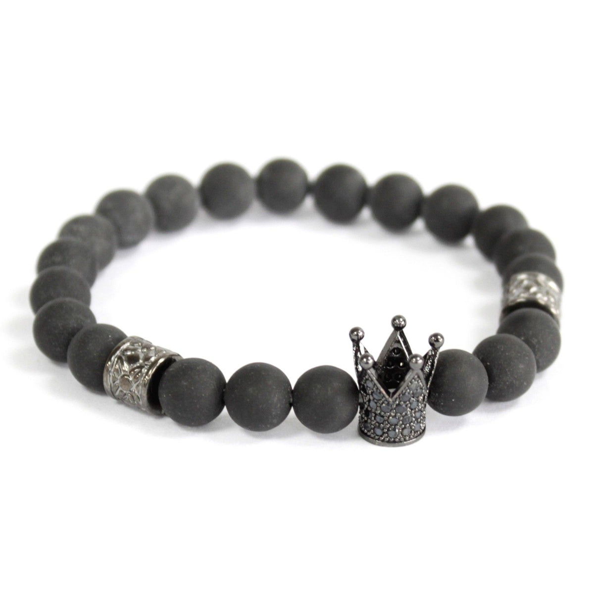 Black Agate Gemstone Bracelet with Crystal Crown Charm