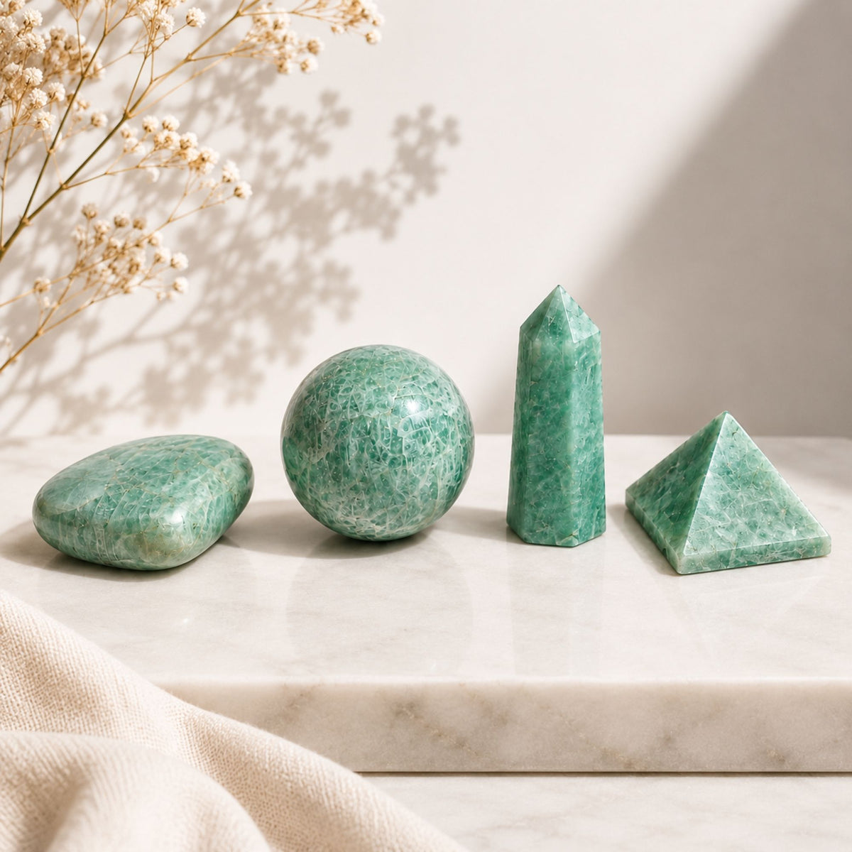 Amazonite Crystal Set – Heart, Sphere, Obelisk & Pyramid