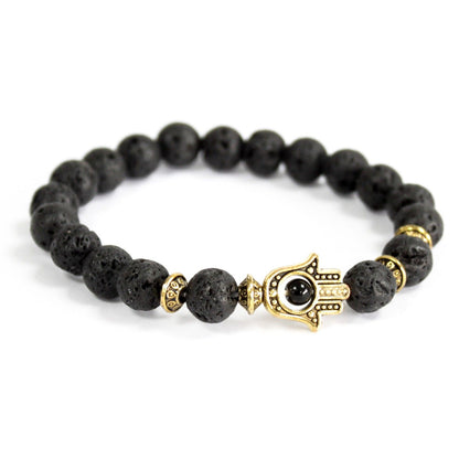 Lava Stone Bracelet with Gold-Tone Hamsa Charm