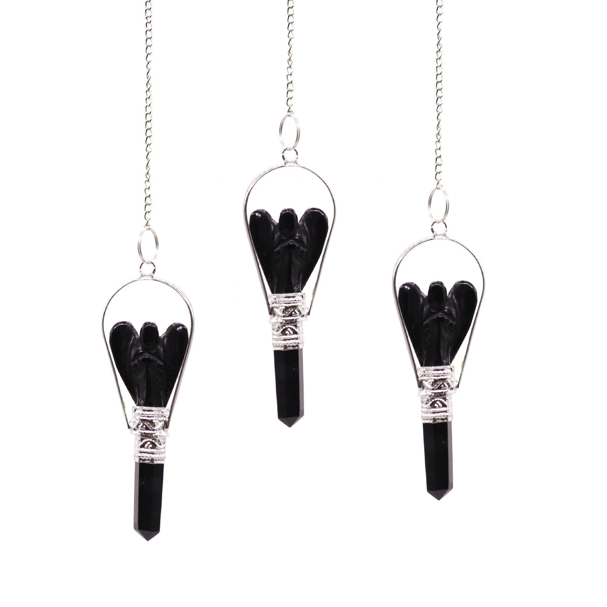 Black Agate Angel Crystal Pendulum – Silver-Tone Frame