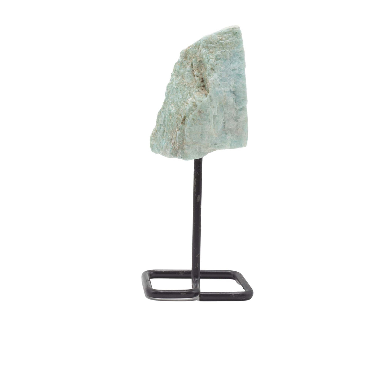 Raw Amazonite Mineral Specimen on Black Metal Stand