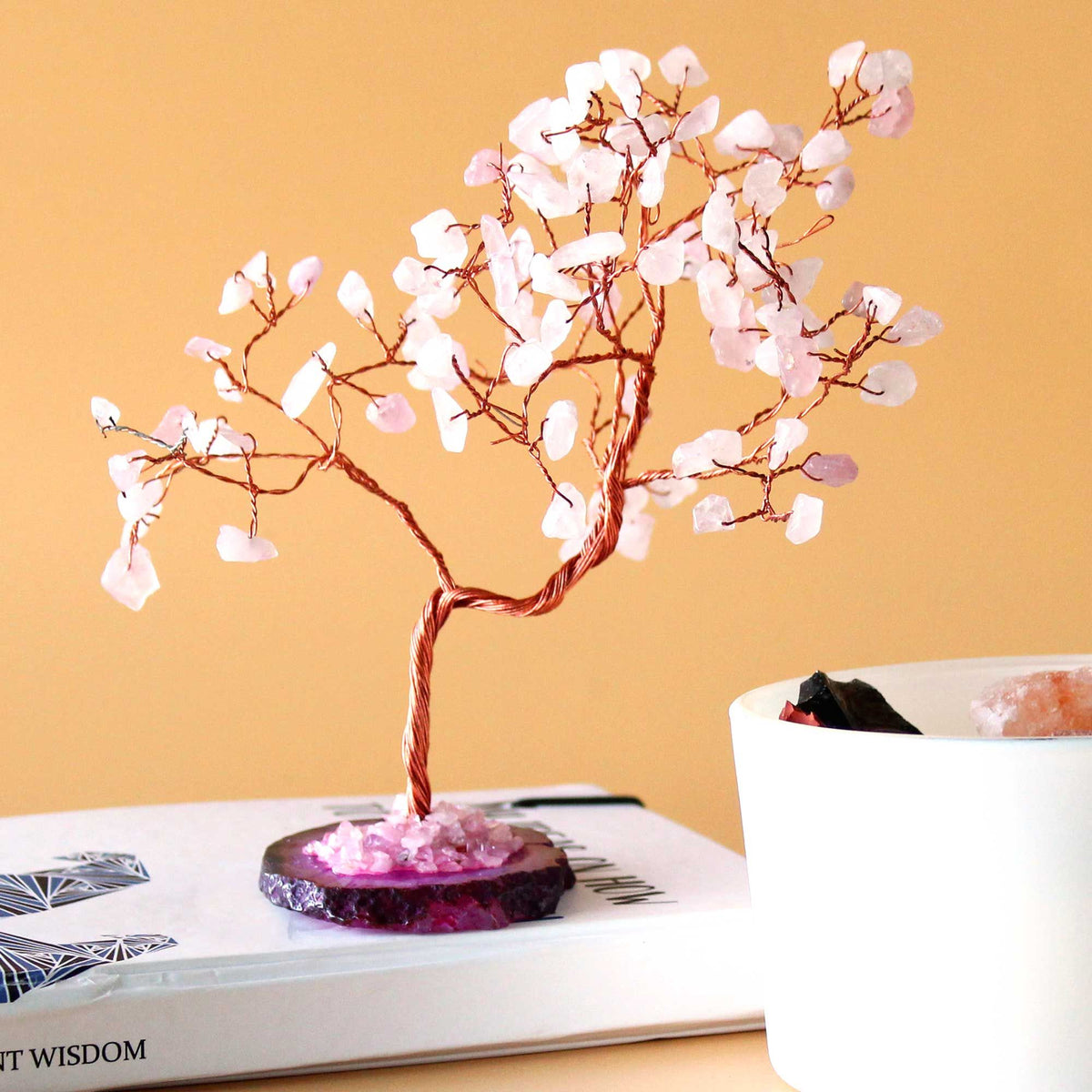 Large Rose Quartz Crystal Tree on Pink Agate Base – 100 Stone