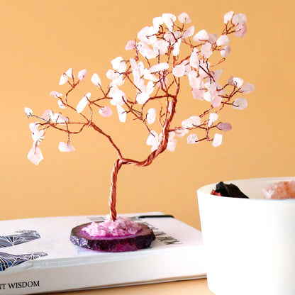 Large Rose Quartz Crystal Tree on Pink Agate Base – 100 Stone