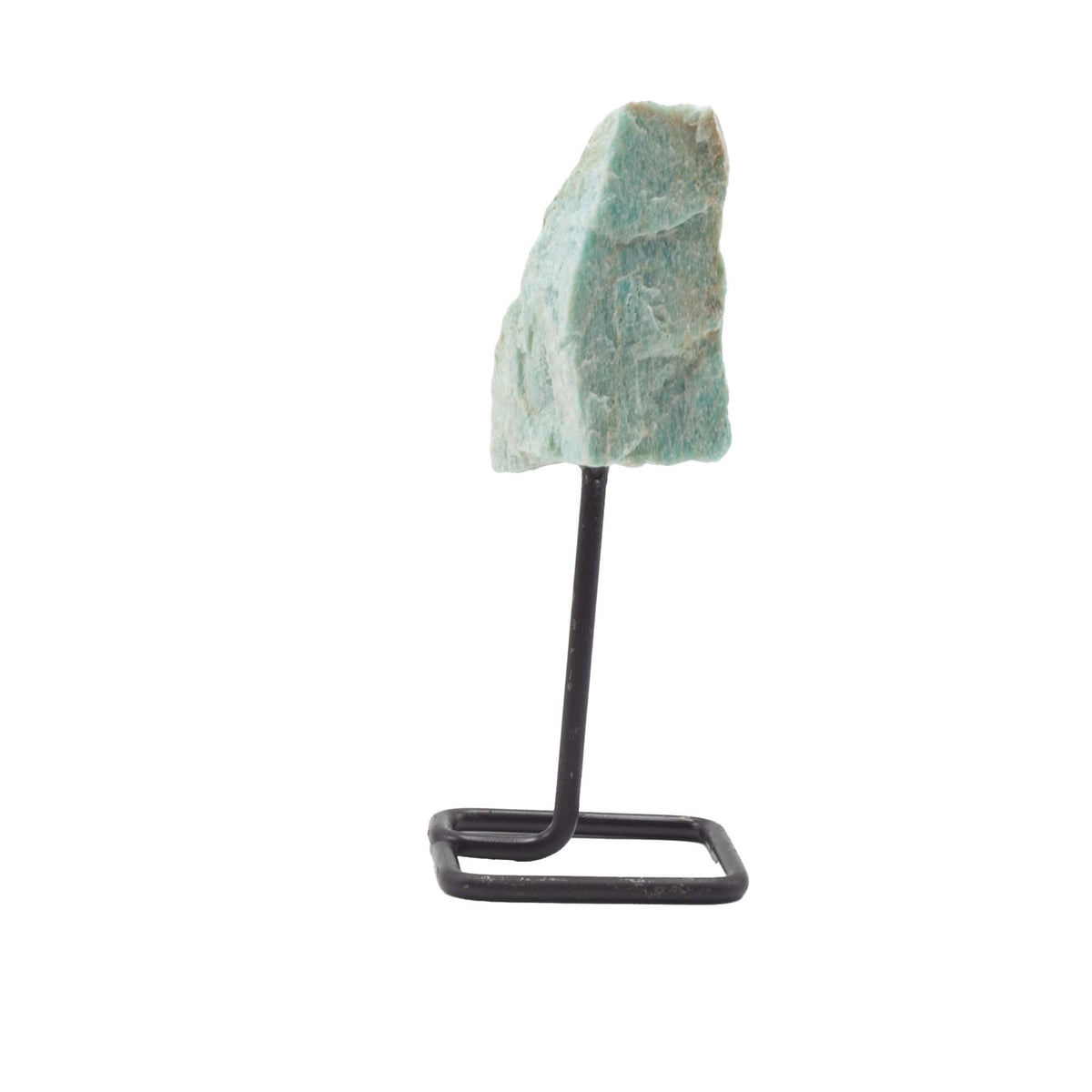 Raw Amazonite Mineral Specimen on Black Metal Stand