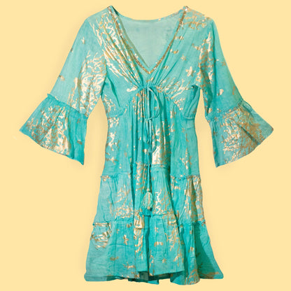 Nomad Sari Turquoise & Gold Coral Print Dress (L/XL)