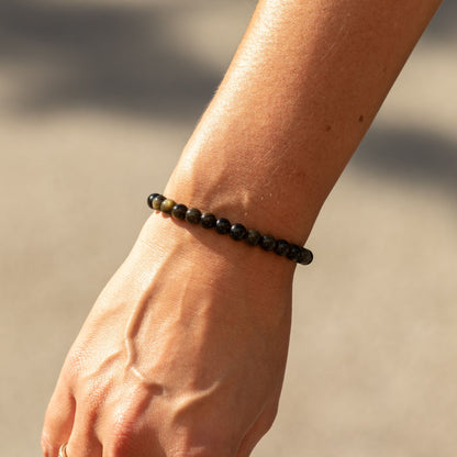 Gold Obsidian Crystal Bracelet – 6mm Black Gemstone Beads