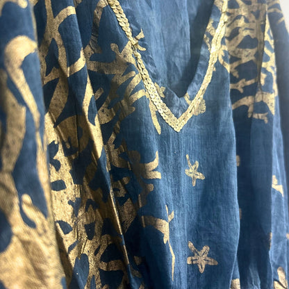 Blue & Gold Coral Print Kaftan – Boho Beach Cover-Up