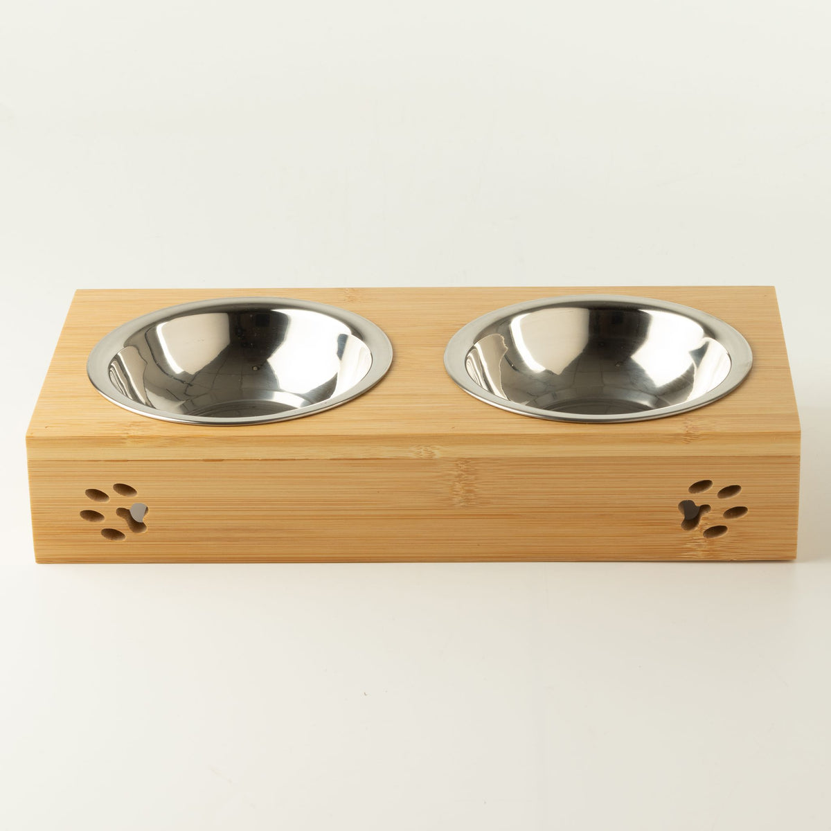 PAW Double Stainless Steel Pet Bowls with Wooden Stand – 2 × 12cm