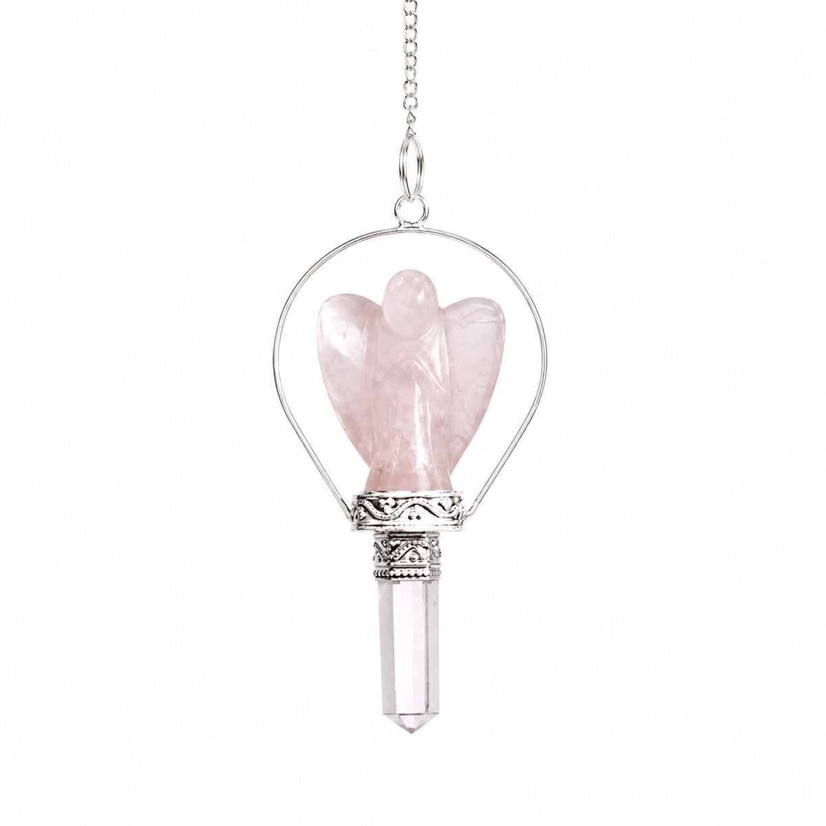 Rose Quartz Angel Pendulum with Ring Frame