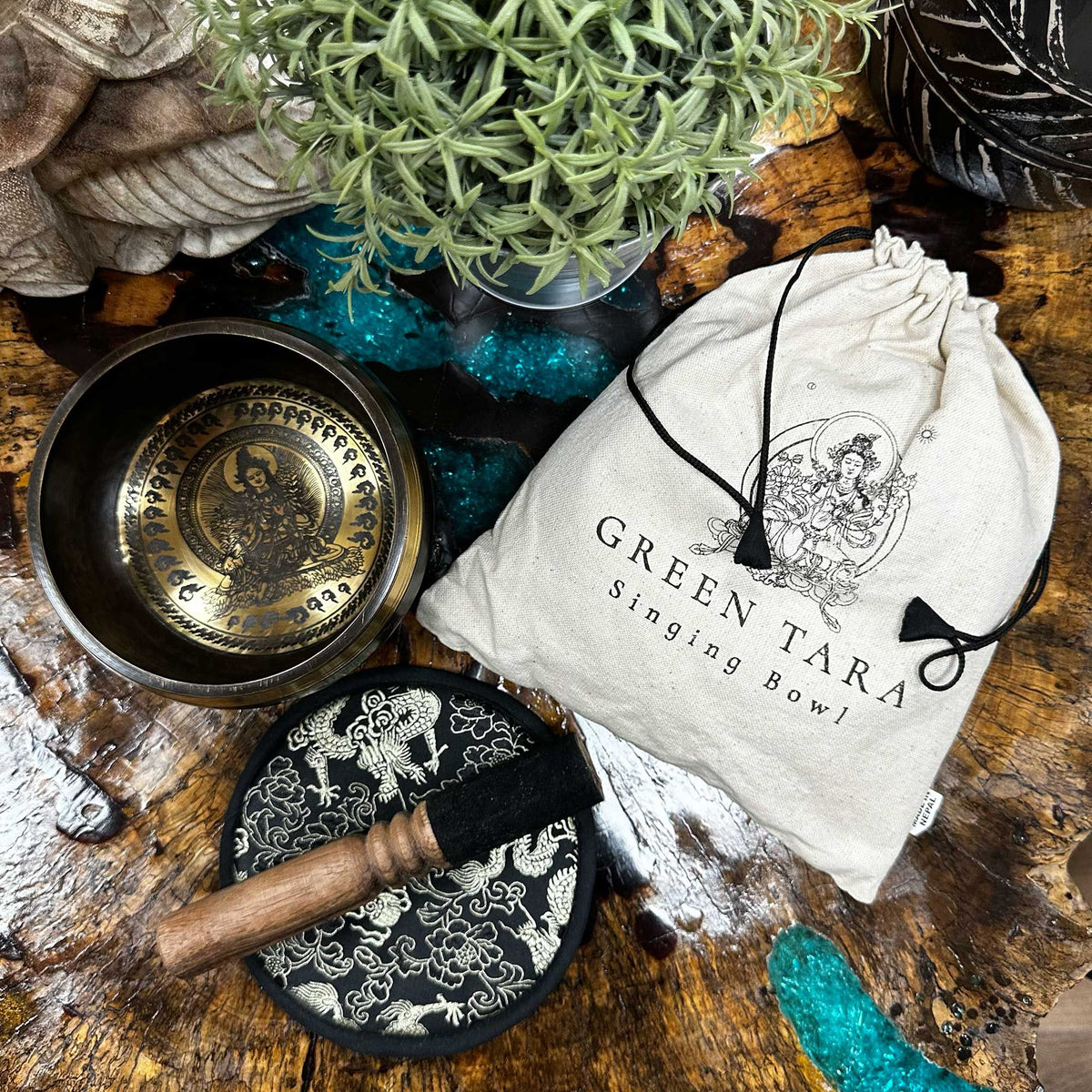 Green Tara Tibetan Singing Bowl Gift Set – 14cm