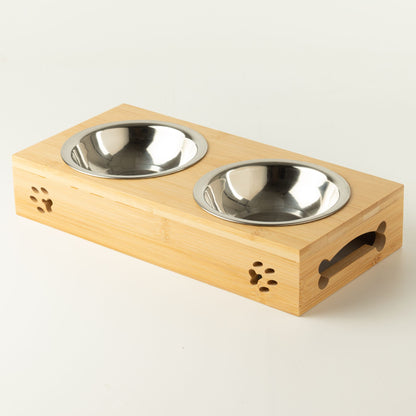 PAW Double Stainless Steel Pet Bowls with Wooden Stand – 2 × 12cm