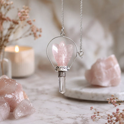 Rose Quartz Angel Pendulum with Ring Frame