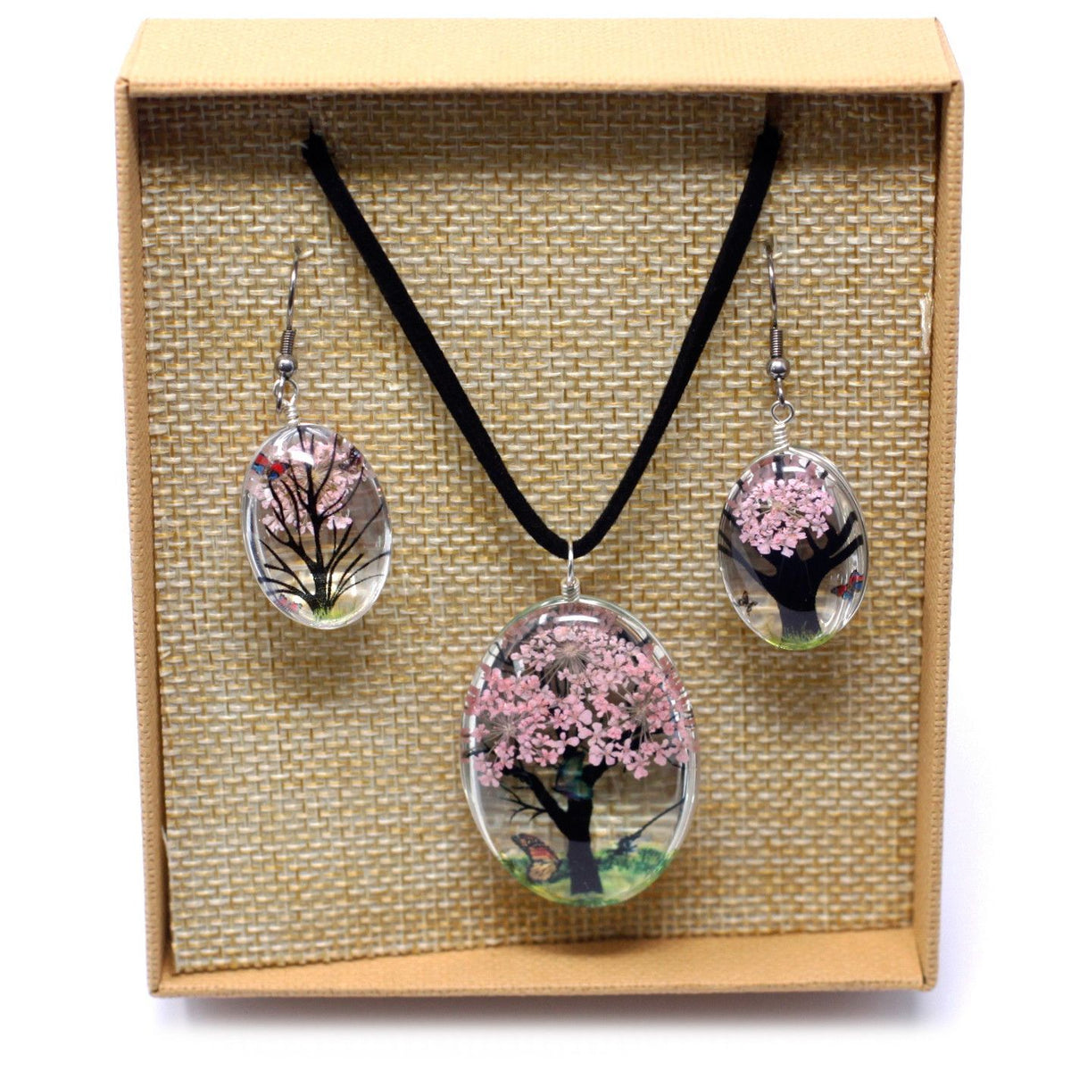 Pink Pressed Flower Tree of Life Necklace & Earrings Set