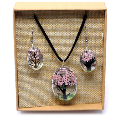 Pink Pressed Flower Tree of Life Necklace & Earrings Set