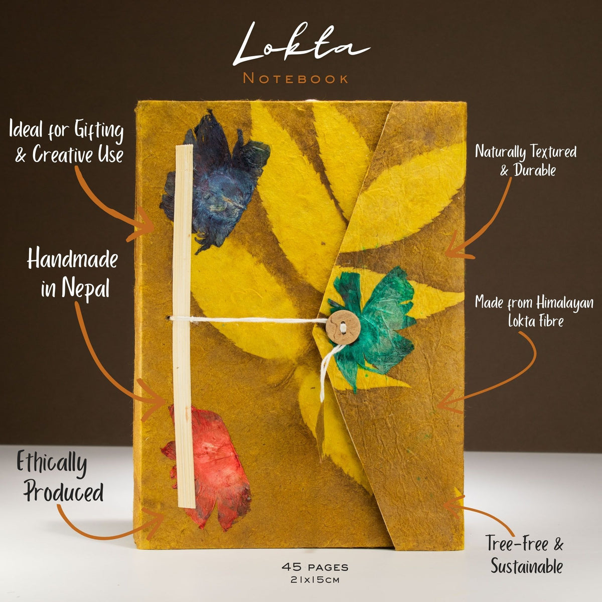 Mustard Floral Large Lokta Notebook – Plain Paper Journal