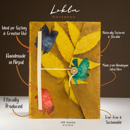 Mustard Floral Large Lokta Notebook – Plain Paper Journal