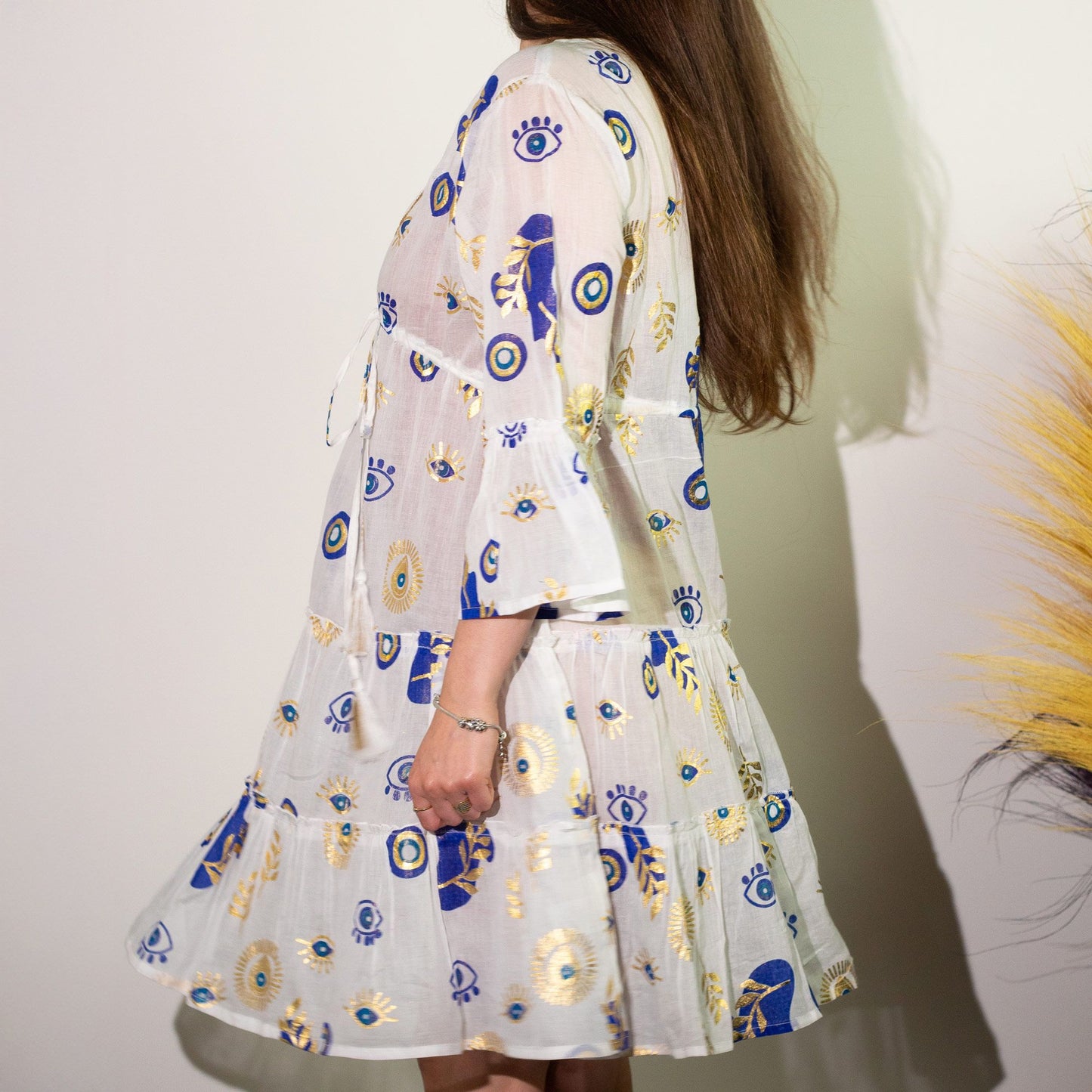Nomad Sari Evil Eye Dress – White, Blue & Gold – Size M/L