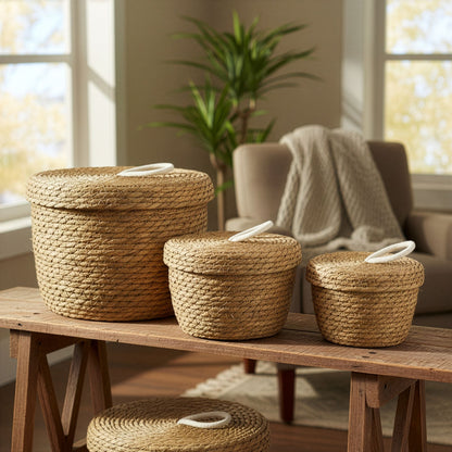 Round Seagrass Storage Baskets with Lids – Set of 3