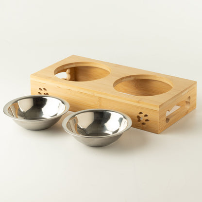 PAW Double Stainless Steel Pet Bowls with Wooden Stand – 2 × 12cm