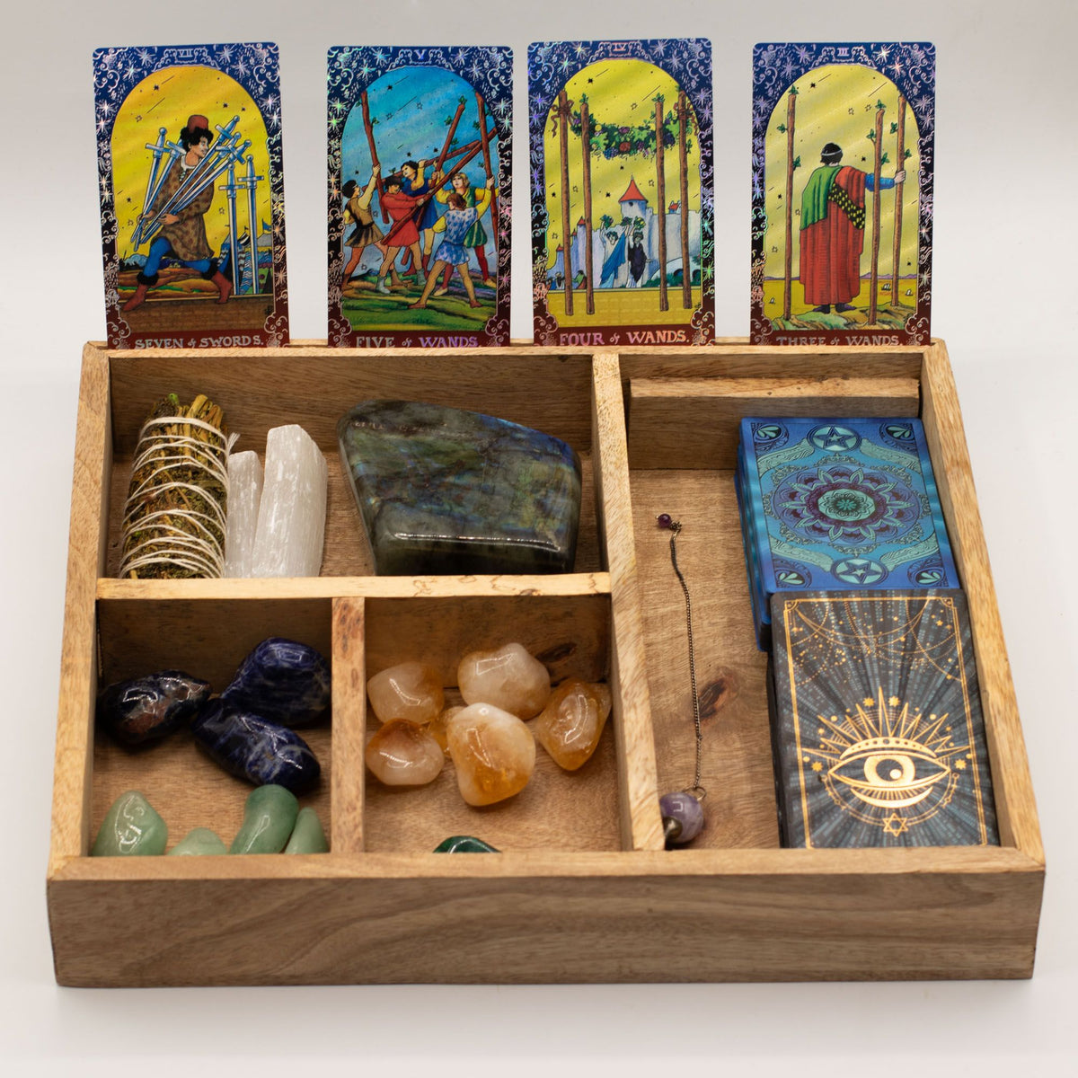 Wooden Tarot Card Storage Box with Card Holder – 4 Compartments