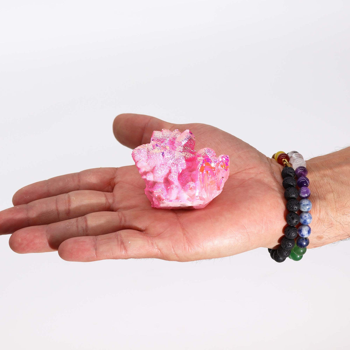 Aura Rose Halo Quartz Crystal – Pink Iridescent Cluster | Medium