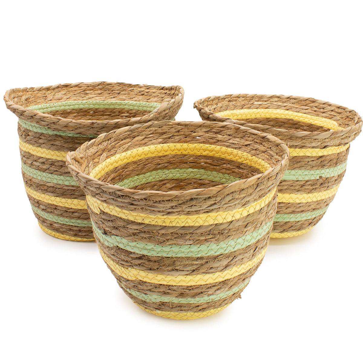 Seagrass & Straw Woven Storage Baskets – Yellow & Green Set of 3