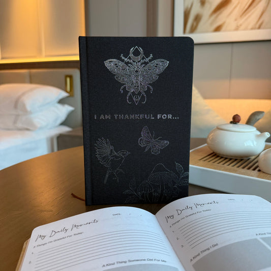 Black Gratitude Journal with Silver Lining - 120 pages - I am Thankful For