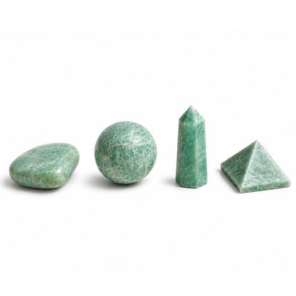 Amazonite Crystal Set – Heart, Sphere, Obelisk & Pyramid
