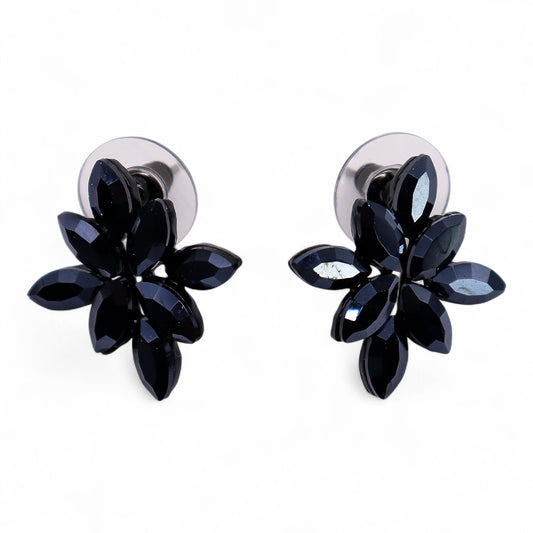 Jet Black Vintage Glass Flower Stud Earrings