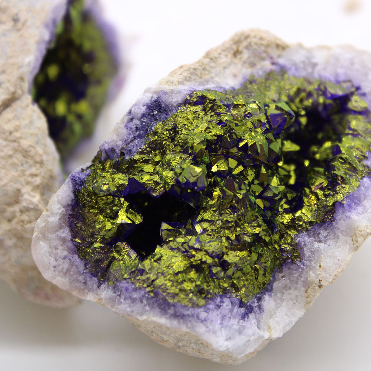 Purple & Gold Calcite Geode | Natural Crystal Rock Display