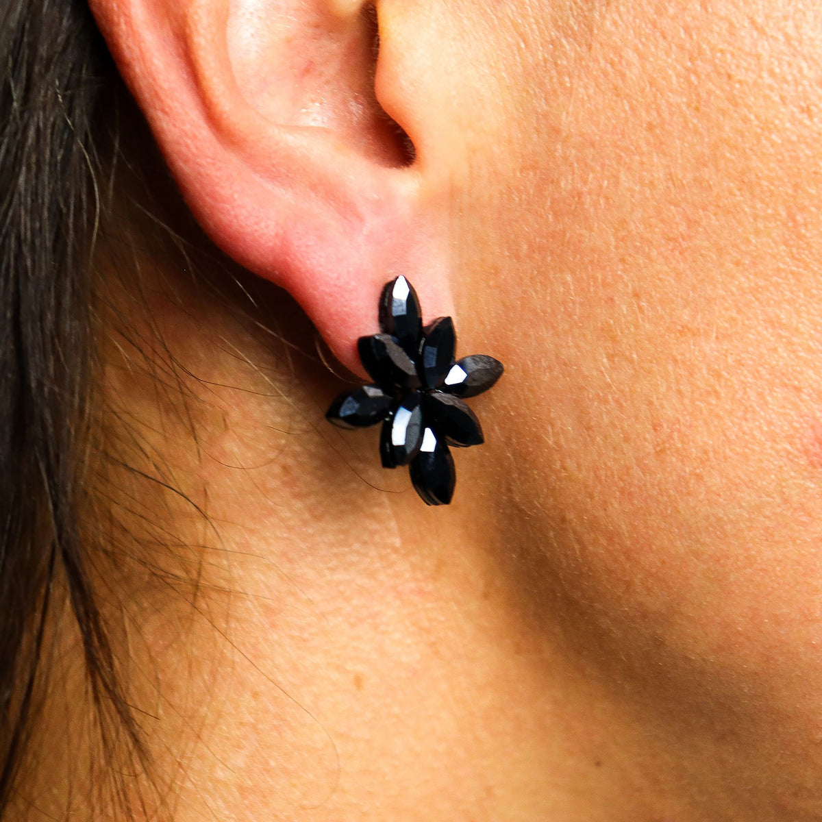Jet Black Vintage Glass Flower Stud Earrings