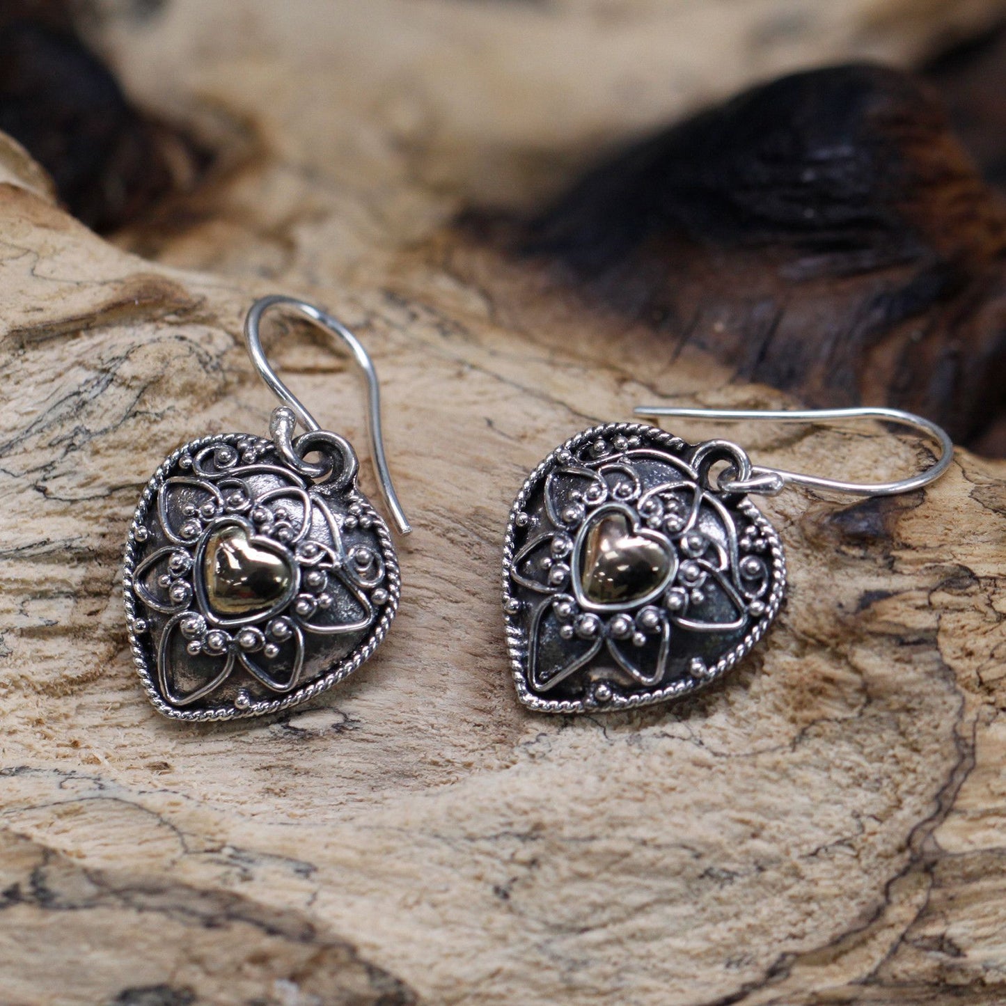 Silver & Gold Earring - Mandala Heart Earrings