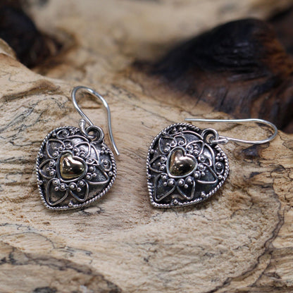 Silver & Gold Earring - Mandala Heart Earrings