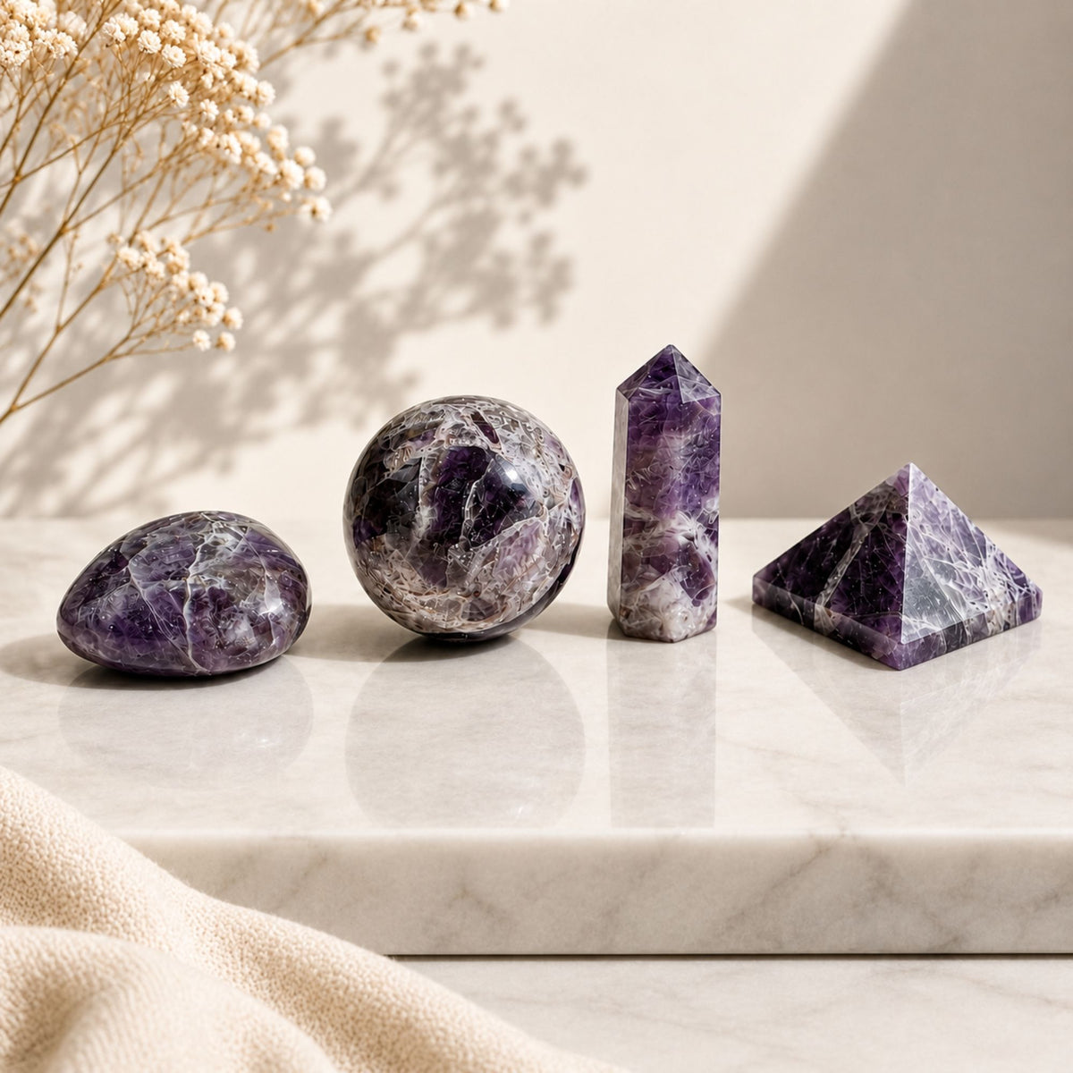 Amethyst Crystal Set – 4 Gemstone Shapes | Calm & Spiritual Protection