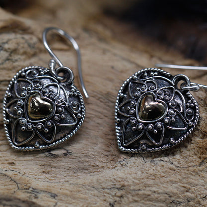Silver & Gold Earring - Mandala Heart Earrings