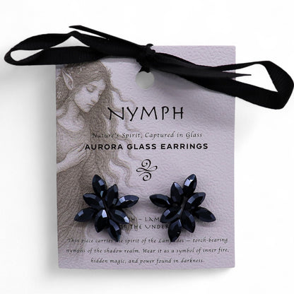 Jet Black Vintage Glass Flower Stud Earrings