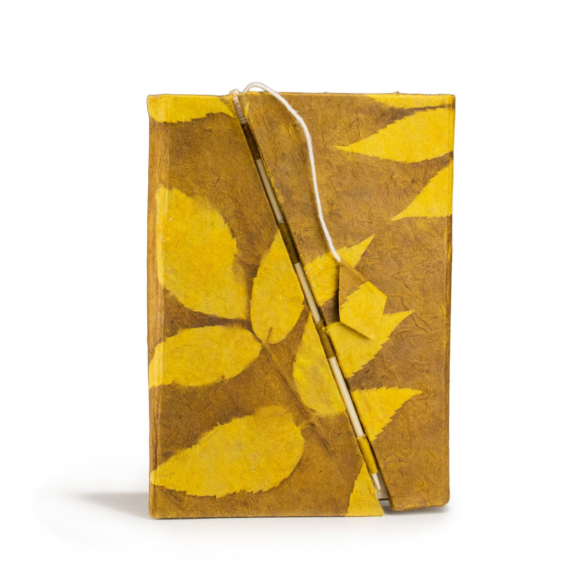 Handmade Lokta Paper Journal – Mustard Floral Notebook with Bamboo Closure