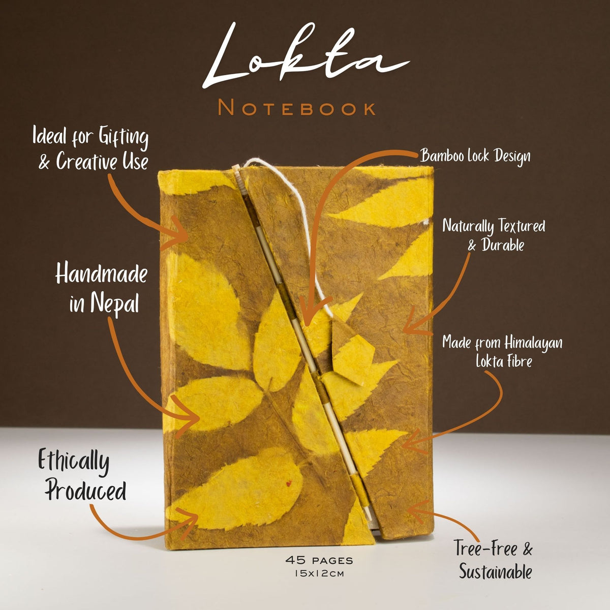 Handmade Lokta Paper Journal – Mustard Floral Notebook with Bamboo Closure