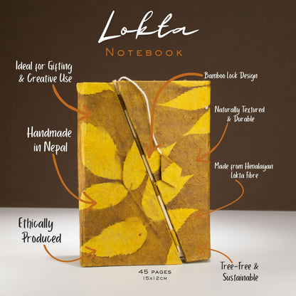 Handmade Lokta Paper Journal – Mustard Floral Notebook with Bamboo Closure