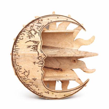 Sun & Moon Wooden Wall Shelf – 3 Tier Celestial Crystal Display