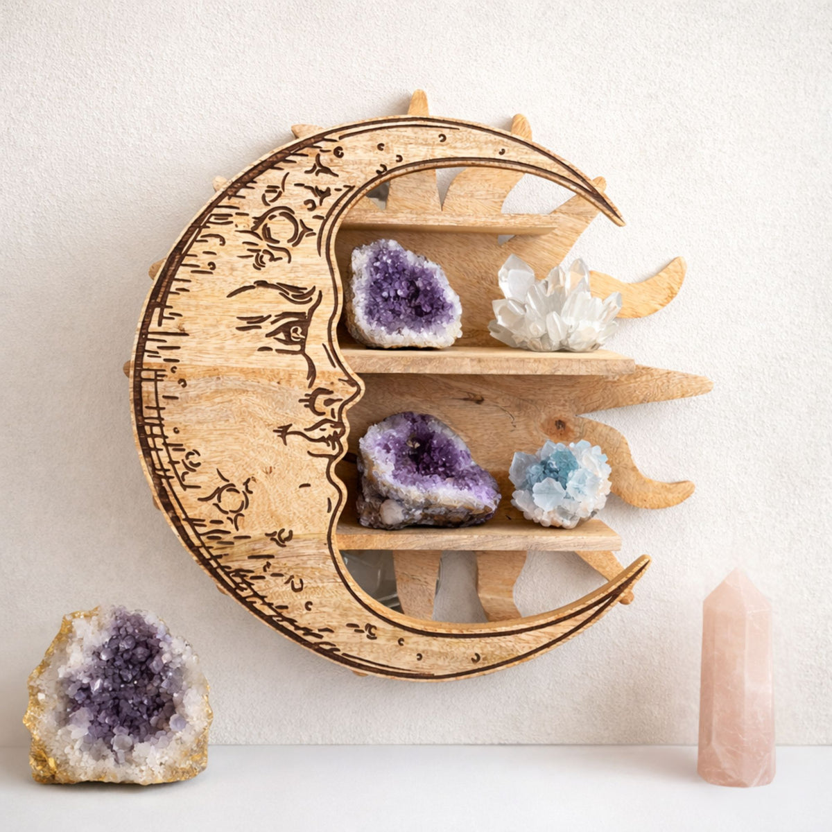 Sun & Moon Wooden Wall Shelf – 3 Tier Celestial Crystal Display