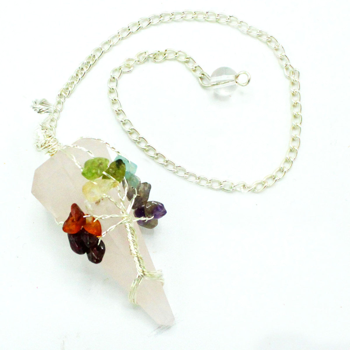 Rose Quartz Seven Chakra Crystal Pendulum – Tree of Life