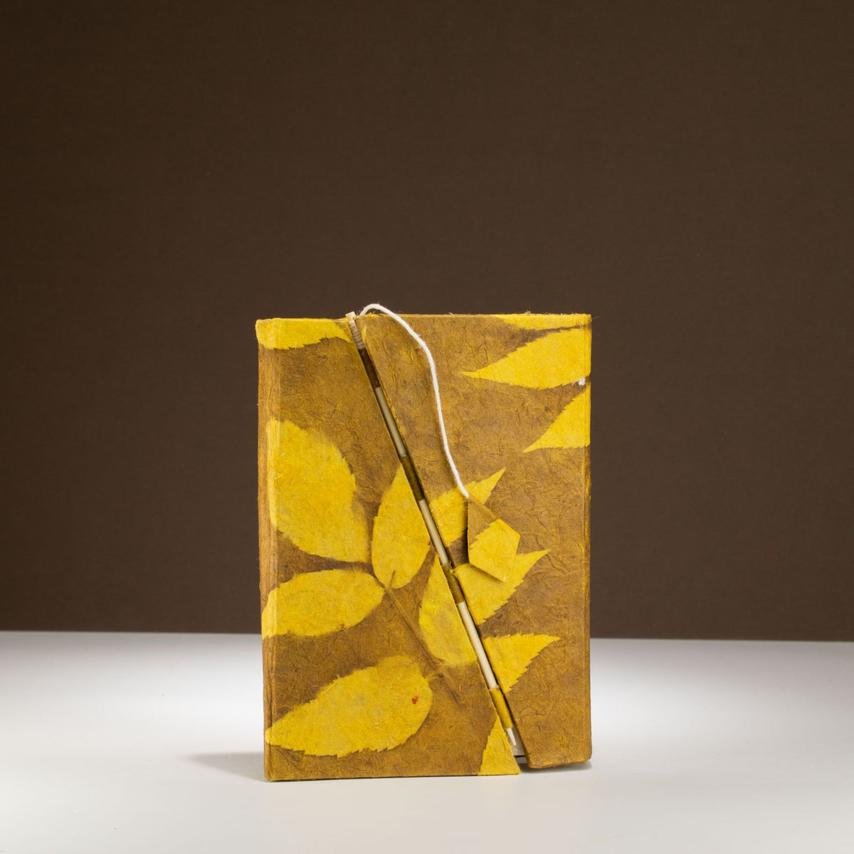 Handmade Lokta Paper Journal – Mustard Floral Notebook with Bamboo Closure