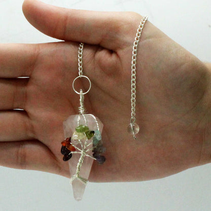 Rose Quartz Seven Chakra Crystal Pendulum – Tree of Life